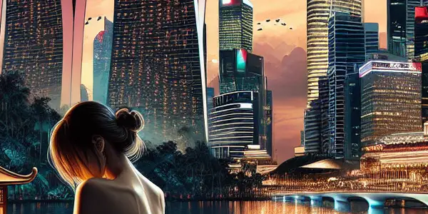 A romantic fusion of Singapore's skyline, lush greenery, and subtle sensual motifs in a twilight setting.