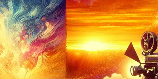 A romantic sunset landscape with cherry blossoms, a cozy outdoor projector setup, and hints of Japanese culture.