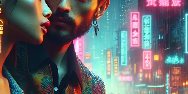 A vibrant night cityscape with a couple sharing an intimate moment under neon lights, reflecting urban passion.