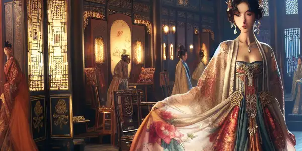 A sensual scene featuring a confident woman and a charming man in an opulent, traditional Chinese setting.