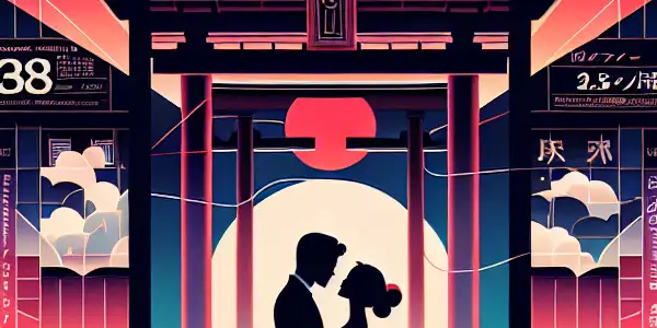 A magazine cover featuring silhouettes of a couple in an intimate pose against stylized Japanese architecture.