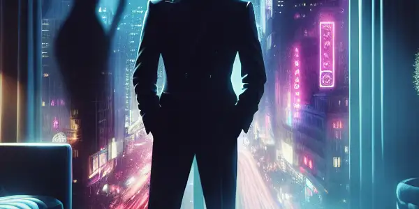 A mysterious figure in a hotel room overlooks a city at night, surrounded by espionage elements and intrigue.