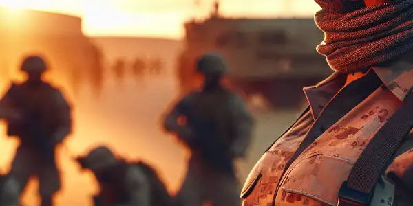 A confident soldier stands at attention against a dramatic sunset, embodying strength, determination, and camaraderie.