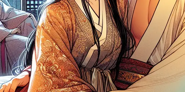 A couple in a softly lit room, expressing desire and vulnerability amidst romantic and cultural elements.