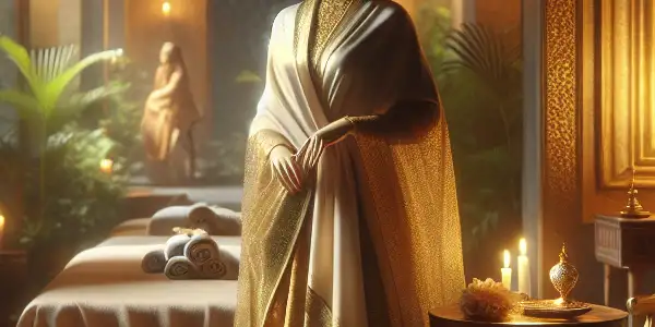 A serene and intimate spa setting featuring a relaxed figure in a robe, soft lighting, and tranquil water elements.