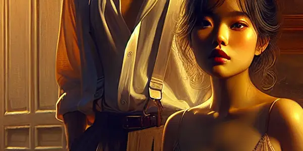 A brother and sister-in-law share an intense gaze in a dimly lit living room, hinting at forbidden attraction.