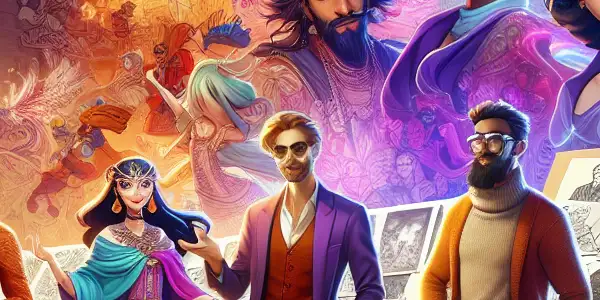 A vibrant animation studio filled with diverse, playful characters exuding romantic and erotic undertones in a fantastical setting.