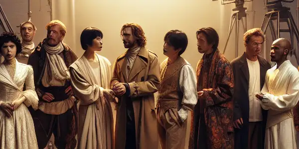 A dynamic film set scene showcasing diverse performers in an intimate, emotionally engaging interaction reflecting German erotic cinema.