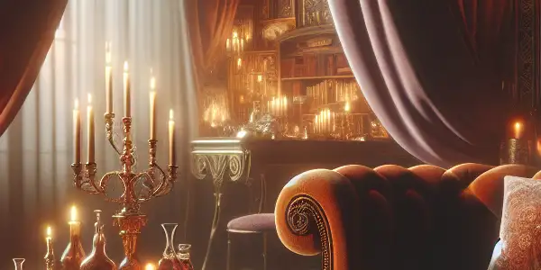 An intimate, dimly lit room featuring a plush chaise lounge and an open book of suggestive illustrations.