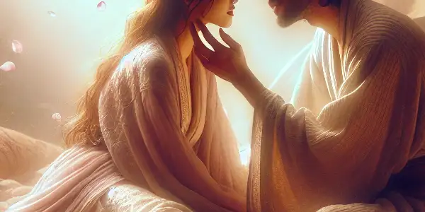 A cozy bedroom scene with a couple sharing an intimate moment surrounded by cherry blossoms and soft lighting.