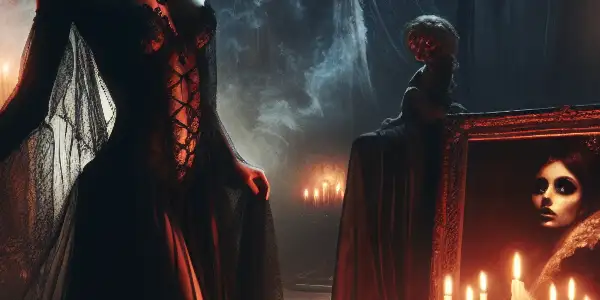 A seductive figure in a dark gown surrounded by ghostly apparitions in an eerie, abandoned mansion.