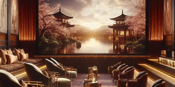 A sophisticated adult film screening room showcasing a dramatic scene from Japanese AV cinema, inviting and intimate.