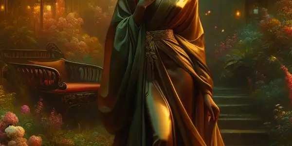 A glamorous Asian woman in a lush twilight garden, embodying allure and mystery amidst blooming flowers.