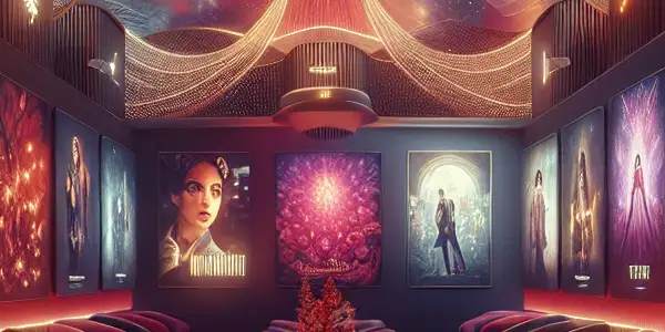 A modern virtual lounge displaying high-definition adult videos and captivating Japanese AV film posters in an inviting atmosphere.