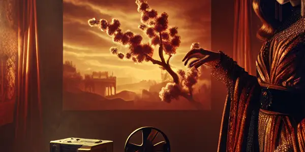 A sensual figure in traditional Arabic attire poses in an opulent, dimly-lit room filled with rich fabrics and ornate lanterns.