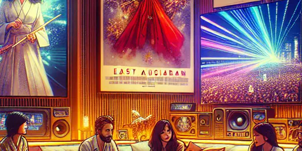 A modern room with large screens displaying Korean adult films, featuring diverse people engaging in lively discussions.