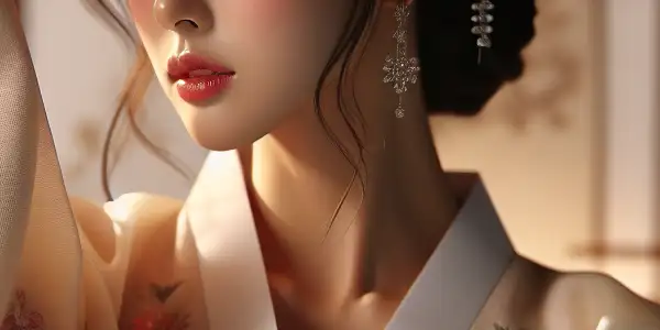 A Korean erotic model in a dreamy garden, surrounded by cherry blossoms and traditional hanbok patterns.