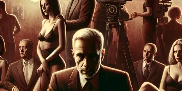 A dimly lit film set showcasing power dynamics among actors and a director in the adult film industry.