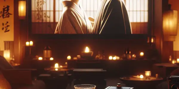 An intimate, dimly lit room featuring a glass table with film reels and a vintage camera, evoking erotic cinema.