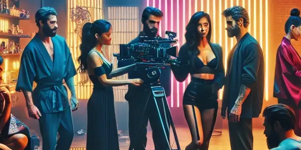 A lively Japanese adult entertainment studio with diverse actors preparing for a shoot amidst neon lights and high-tech equipment.