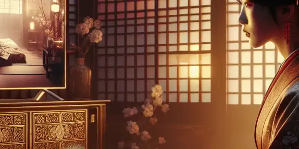 A serene Japanese room with a kimono-clad woman, shoji screens, and modern technology, evoking allure and intimacy.