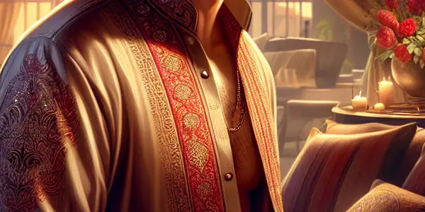 A charismatic character radiating joy in a vibrant, intimate setting filled with warm lighting and inviting decor.