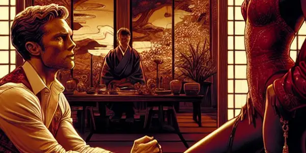 A tense moment between a man and woman in a dimly lit, elegantly designed room, embodying desire and conflict.