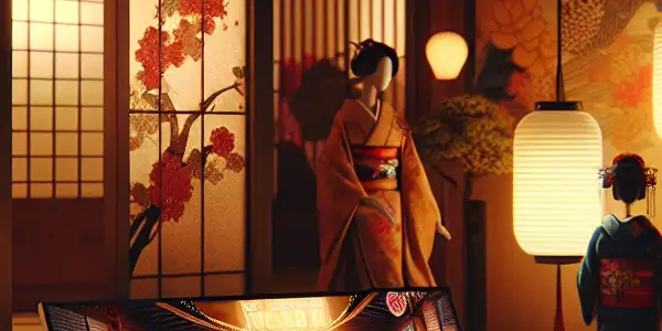 A luxurious Japanese room with elegant decor, featuring a digital device displaying a romantic AV film poster.