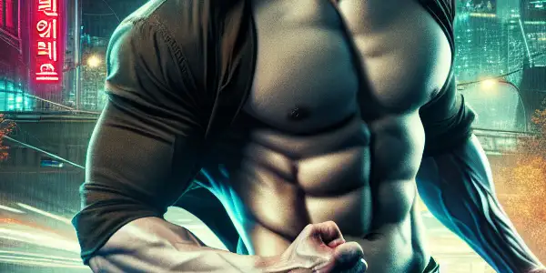 A muscular South Korean man in a moody urban night setting, exuding strength and charisma amidst neon lights.