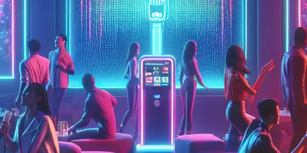 A lively underground KTV lounge filled with young adults joyfully singing karaoke under neon lights.